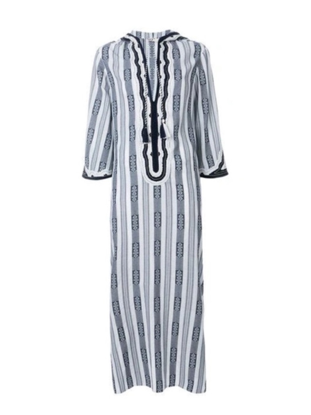 TORY BURCH Corbin Hooded White Navy Stripe Runway Maxi Kaftan Tunic Dress